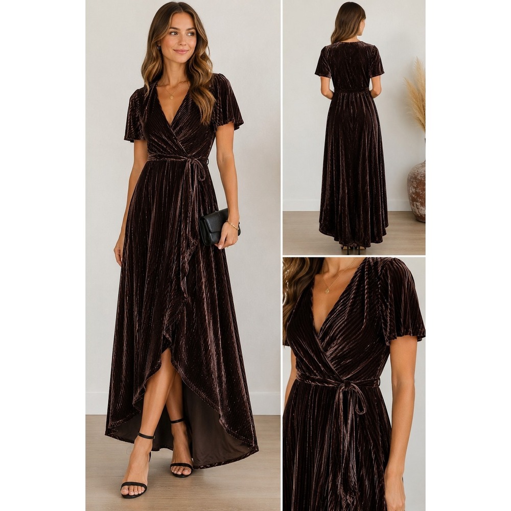 Baltic Born Katelyn Velvet Maxi Wrap Dress Brown Large Pleated Wedding Guest